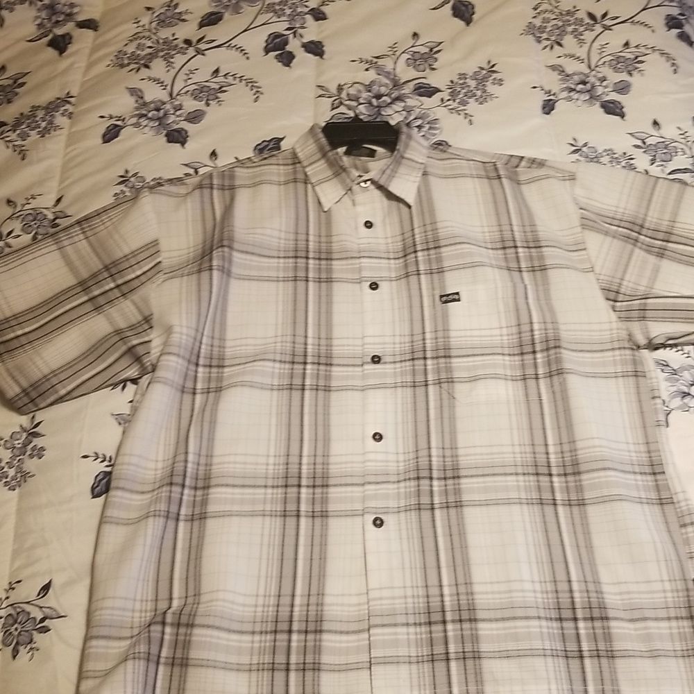 OSO Mens Plaid Short Sleeve Button Front Shirt Gray & White Size 2XL